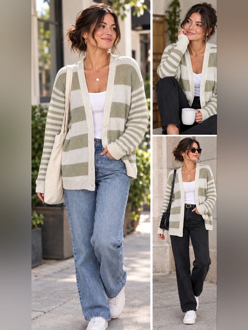 Vintage 80's Beige and Cream Striped Button-Front Women's Cardigan Sweater L